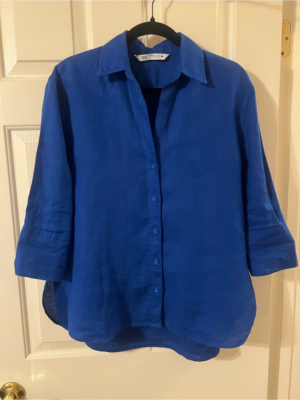NWOT 🛍️3 for 25 🛍️ Zara Cobalt Blue Linen Button-Down Shirt Size XS
